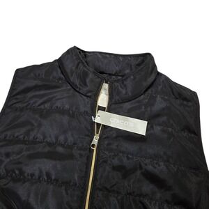 Chicos Womens Puffer Vest Size 2 Black Lined Pockets Mock Neck Full Zip Gold NWT